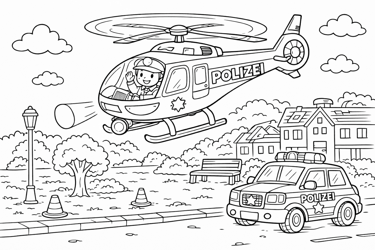 Polizei-Hubschrauber über der Stadt - Ausmalbild