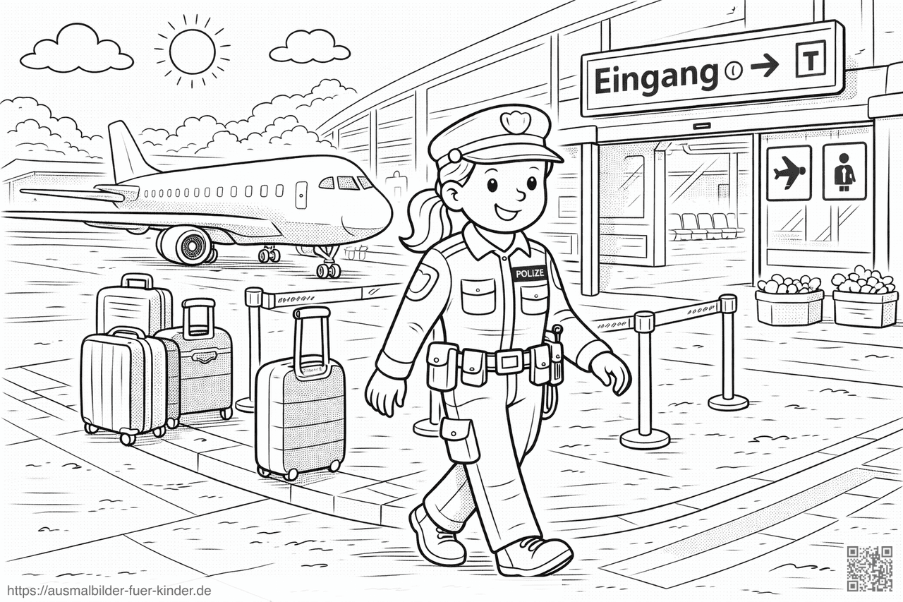 Polizeibeamte am Flughafeneingang - Ausmalbild