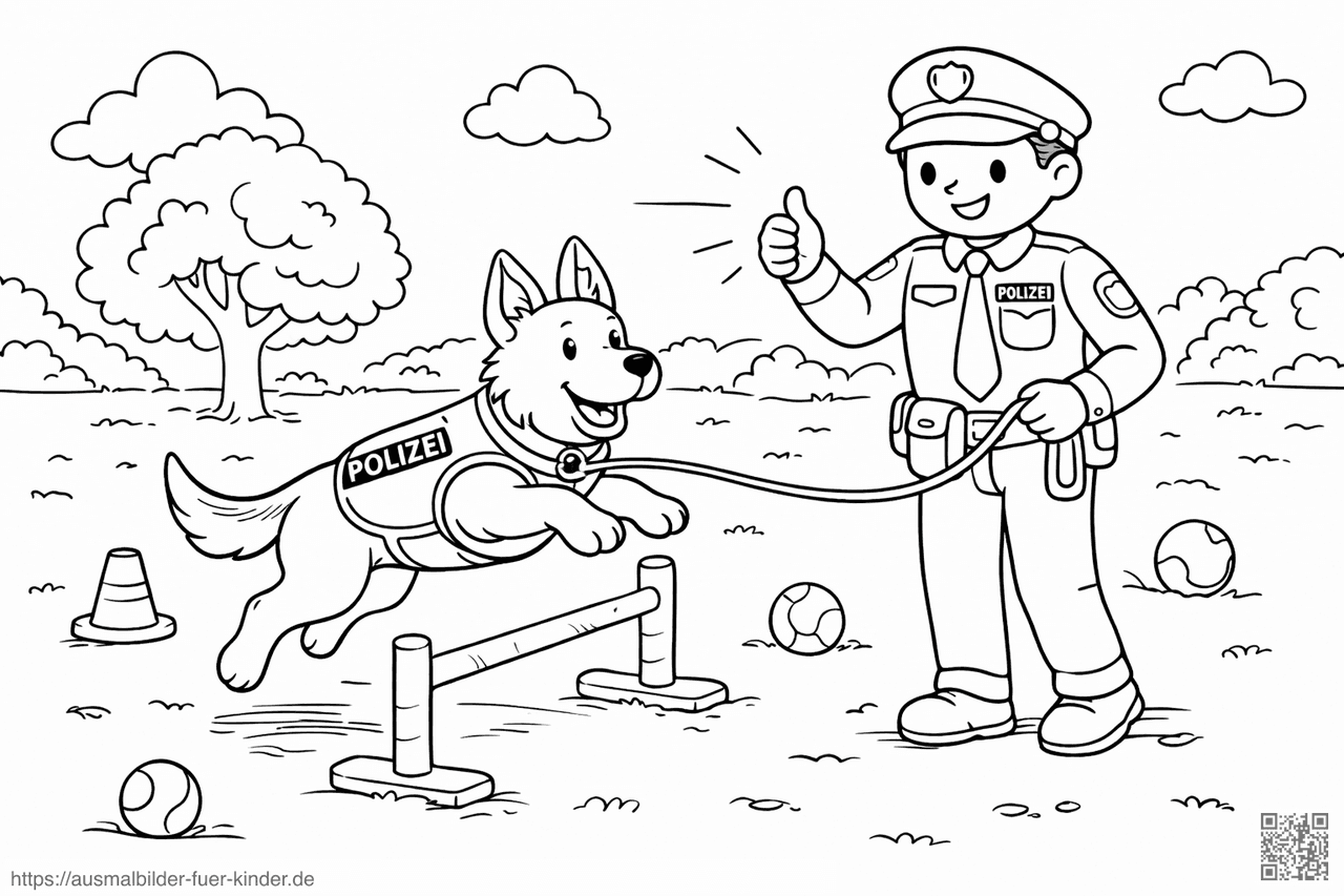 Polizeihund im Training auf dem Feld - Ausmalbild