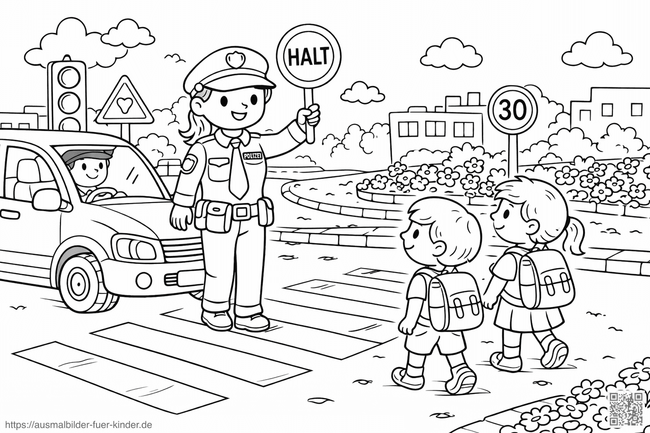 Polizeikontrolle am Zebrastreifen - Ausmalbild