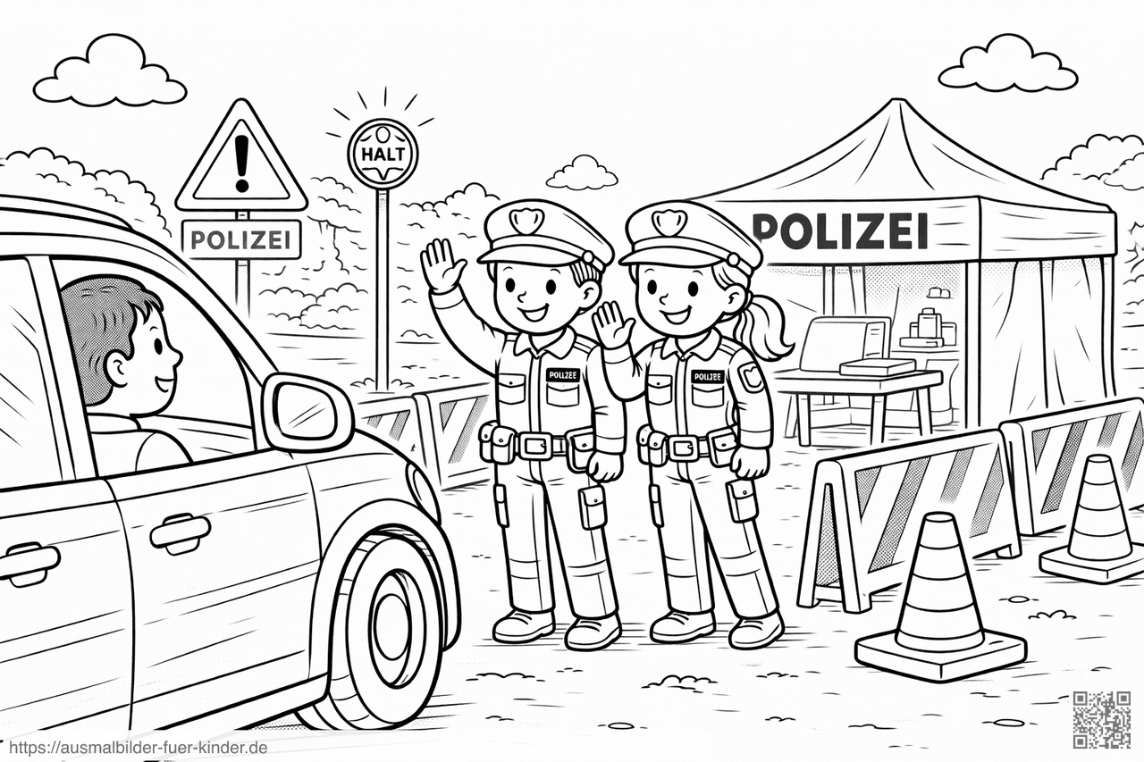 Polizeikontrolle mit gut gelaunten Beamten - Ausmalbild
