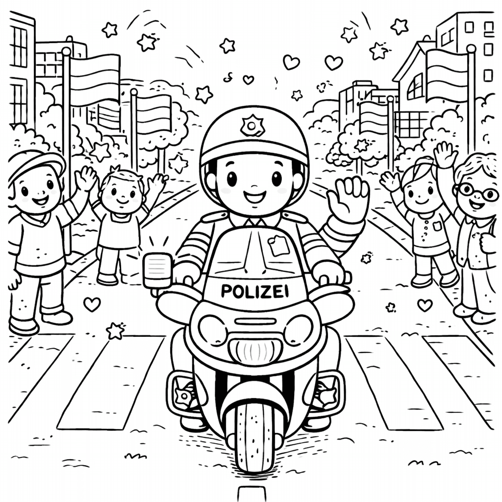 Polizeimotorrad und jubelnde Menge - Ausmalbild