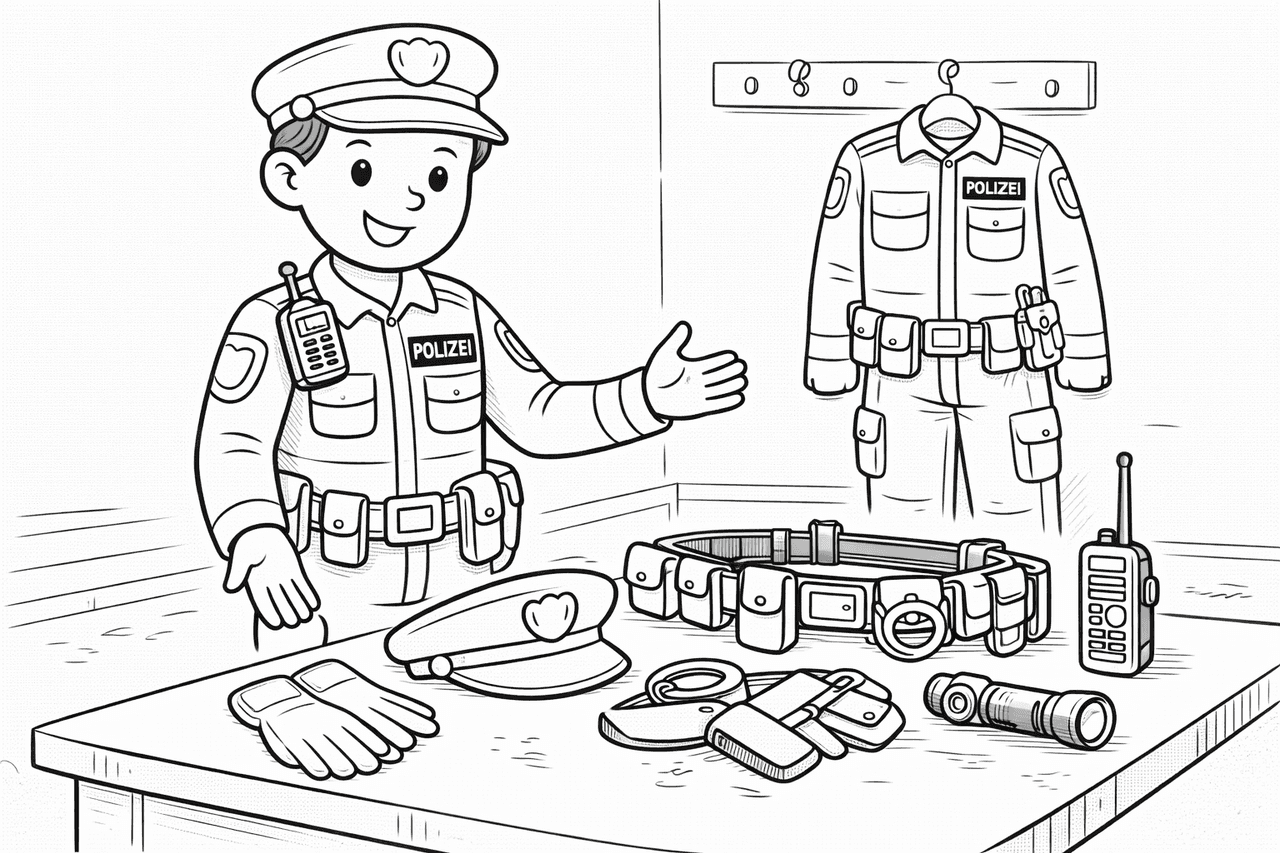 Polizist und Ausrüstung für Kinder - Ausmalbild
