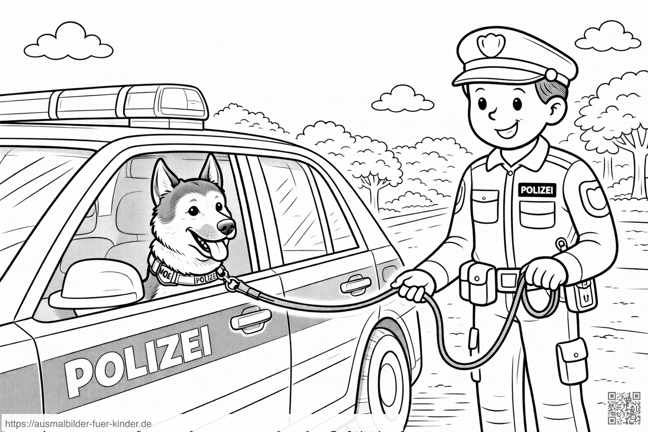 Polizist und Hund im Streifenwagen - Ausmalbild