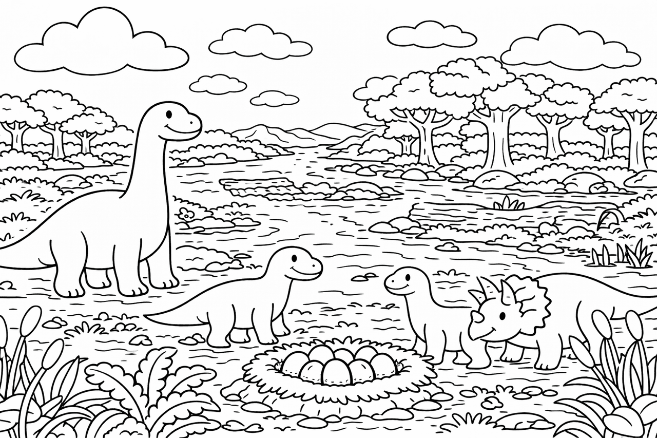 Prähistorischer Sumpf mit Dinosauriern - Ausmalbild
