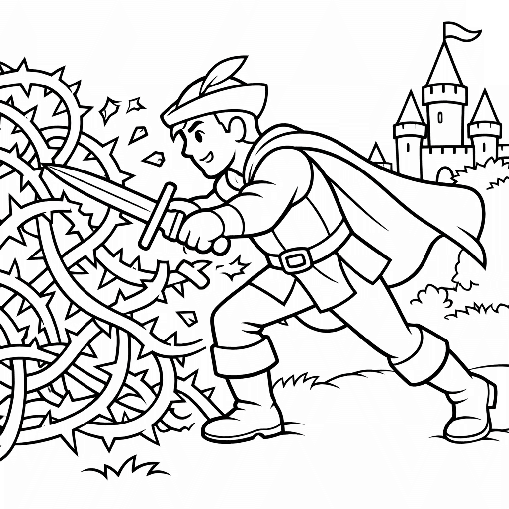 Prinz schneidet sich durch den Dornbusch - Ausmalbild