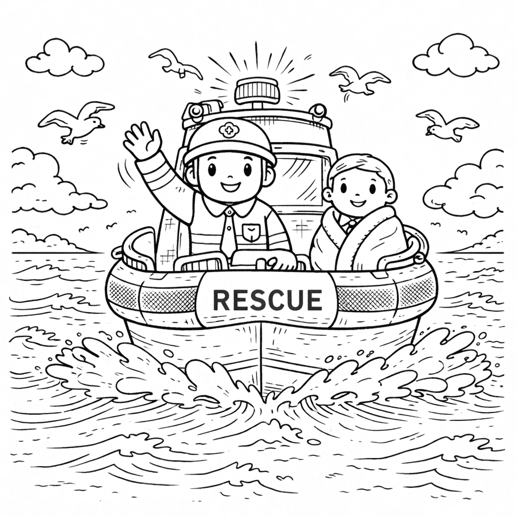 Rettungsboot auf den Wellen - Ausmalbild