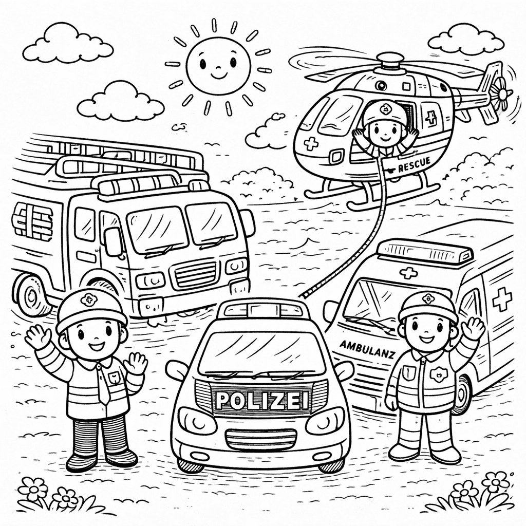 Rettungsfahrzeuge im Cartoon-Stil - Ausmalbild