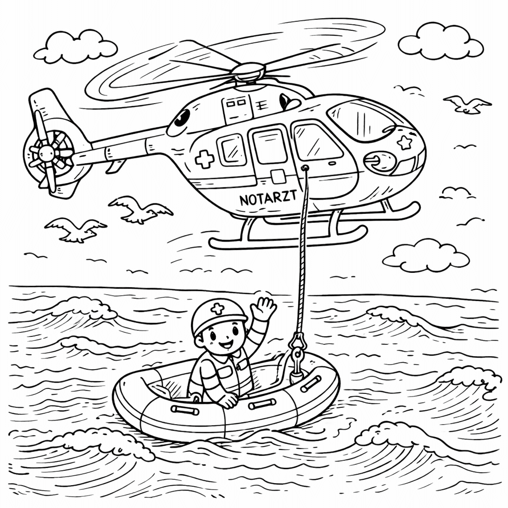 Rettungshubschrauber über dem Ozean - Ausmalbild