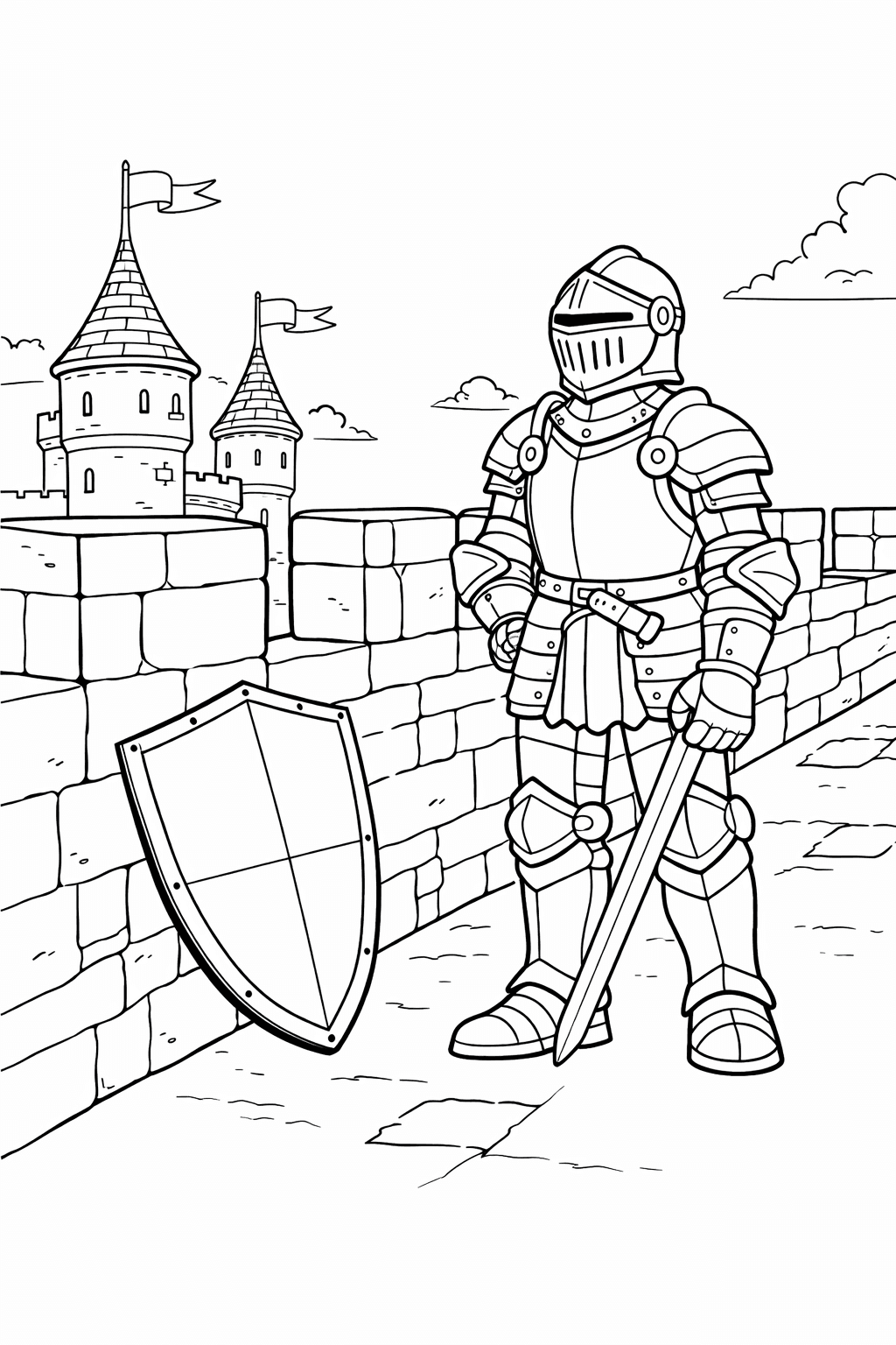 Ritter auf der Burgmauer - Ausmalbild