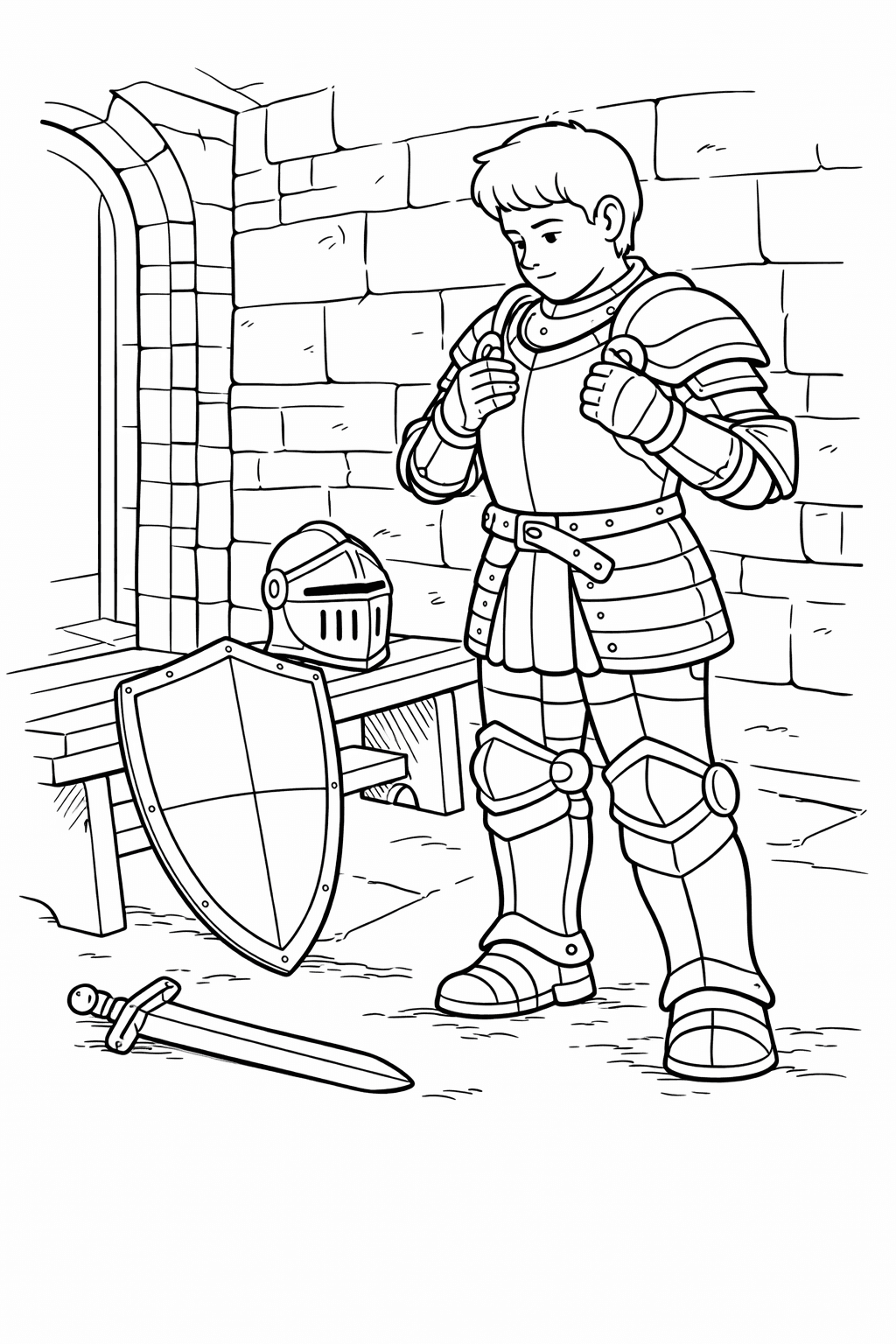 Ritter beim Anlegen der Rüstung - Ausmalbild