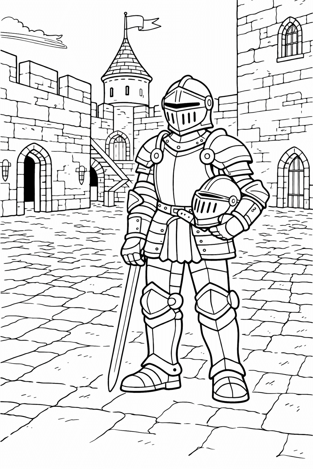 Ritter im Burghof - Ausmalbild