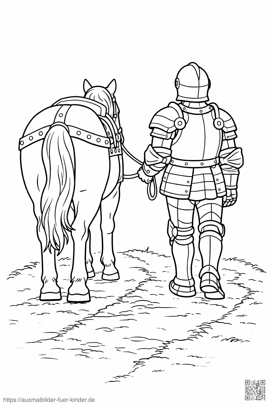 Ritter mit Pferd auf Grasweg - Ausmalbild