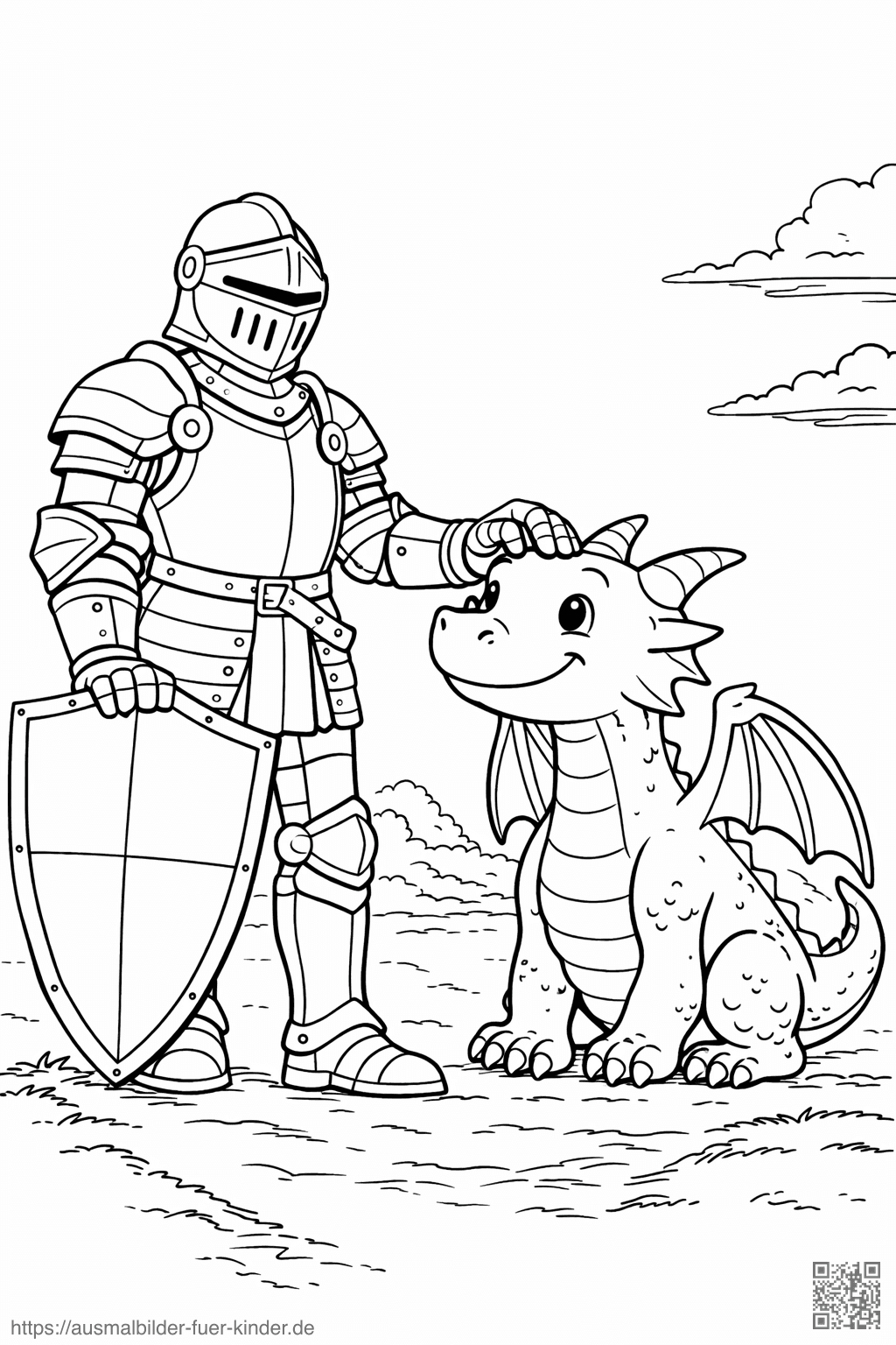 Ritter und Drache in Freundschaft - Ausmalbild