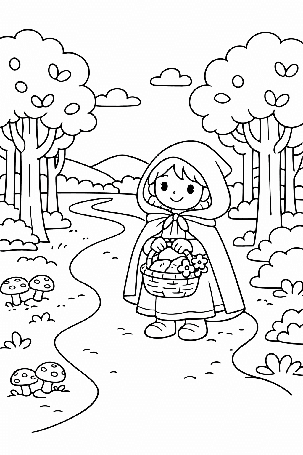 Rotkäppchen auf dem Waldweg - Ausmalbild