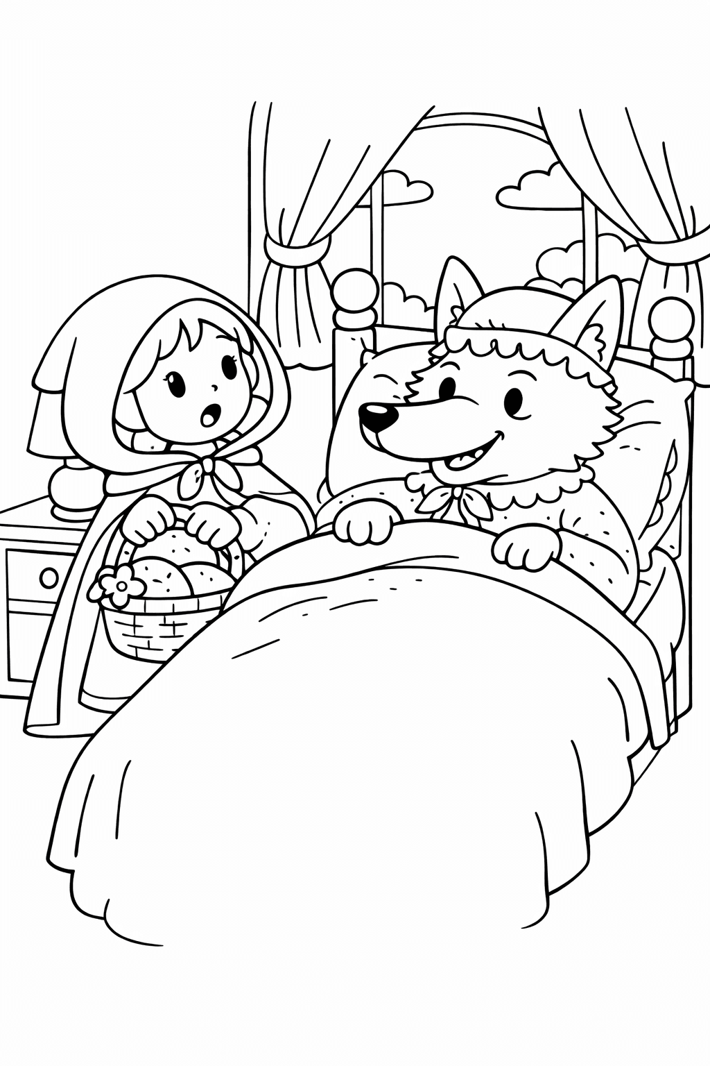 Rotkäppchen trifft den Wolf im Bett - Ausmalbild
