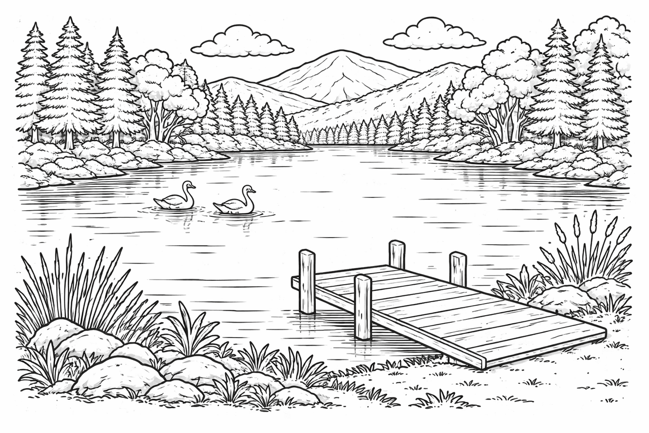 Ruhiger See mit Schwänen (Variante) - Ausmalbild