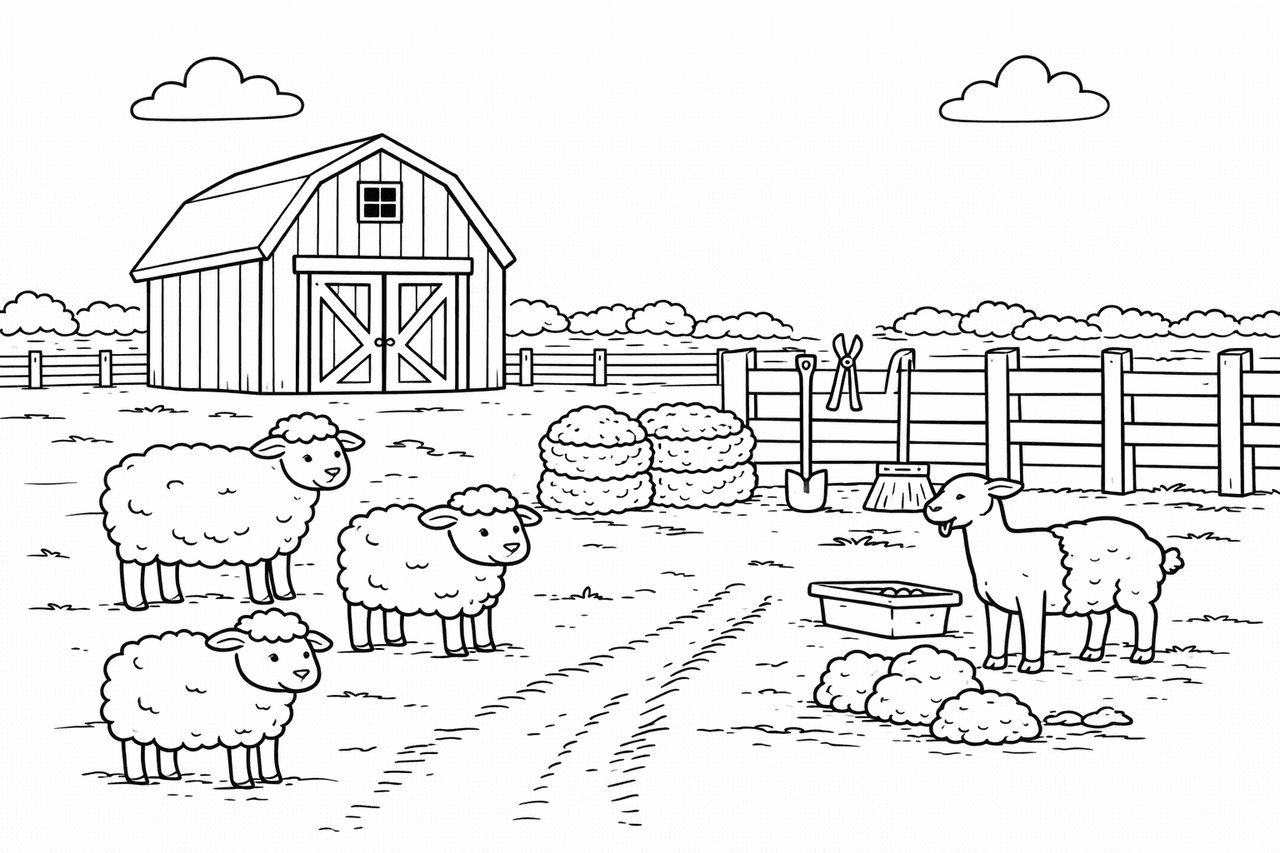 Schafschur im Garten - Ausmalbild