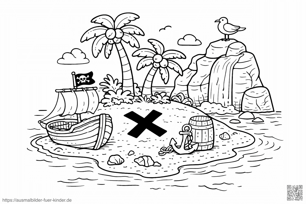 Schatzinsel mit Piratenboot und Wasserfall - Ausmalbild