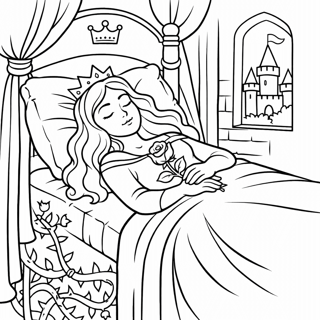 Schlafende Schönheit im Schlossbett - Ausmalbild