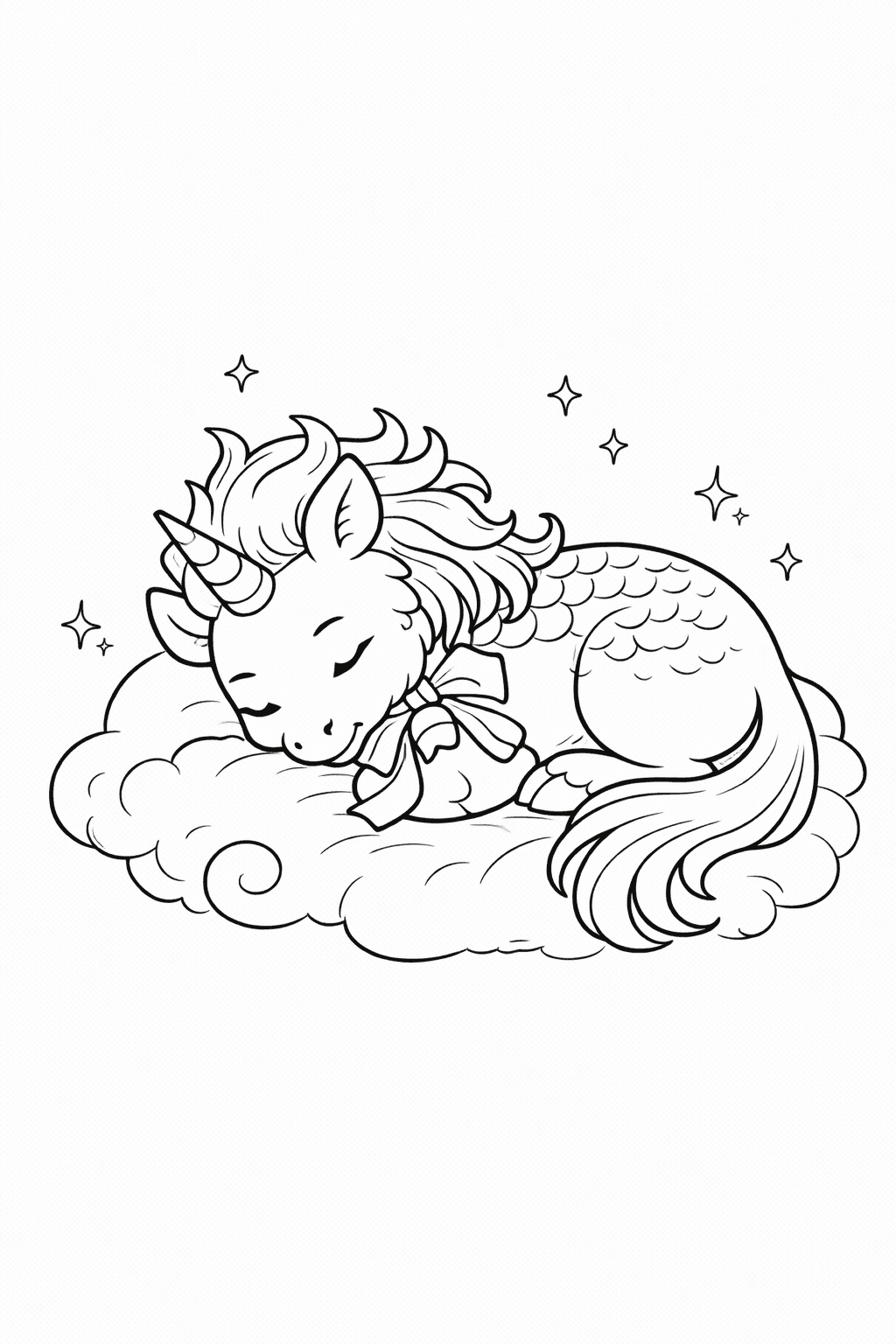 Schlafender Baby Kirin Auf Wolkenkissen - Ausmalbild