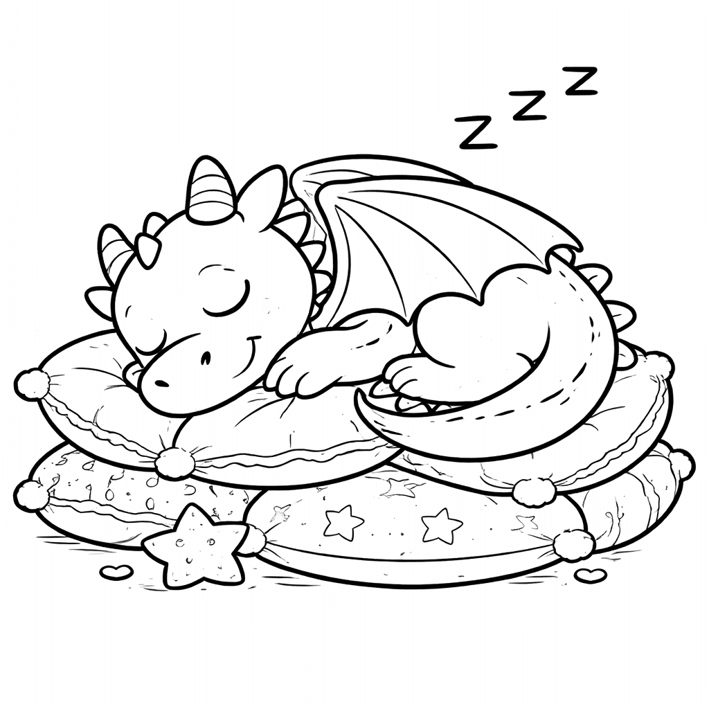 Schlafender Drache Auf Kissenhaufen - Ausmalbild