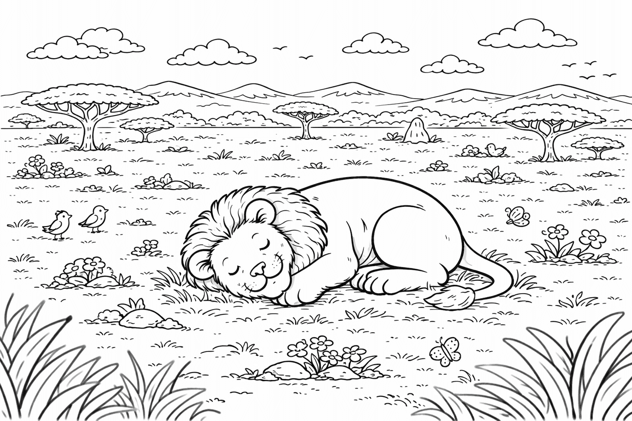 Schlafender Löwe in der Savanne - Ausmalbild