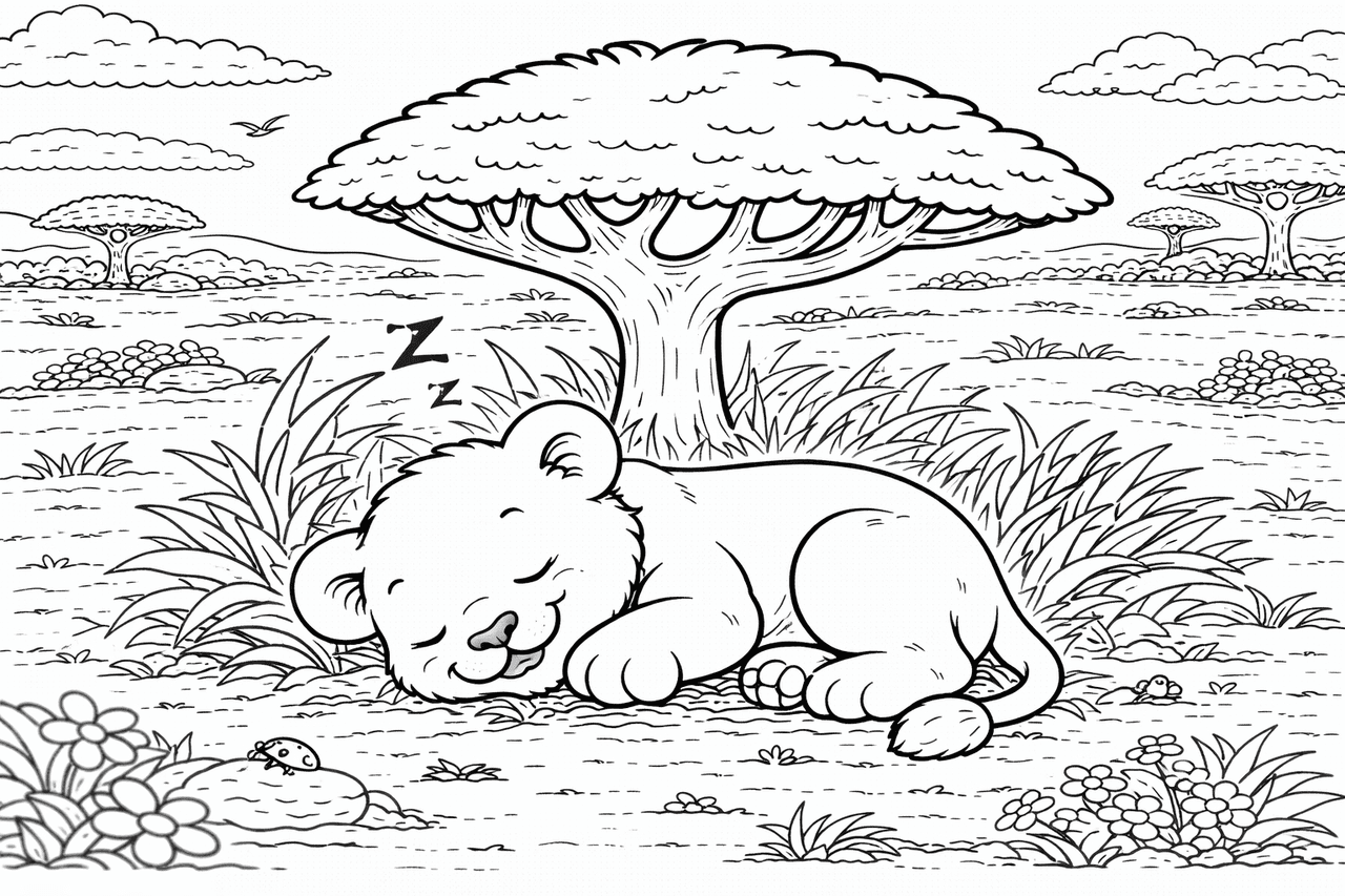 Schlafender Löwenjunge unter einem Baum - Ausmalbild