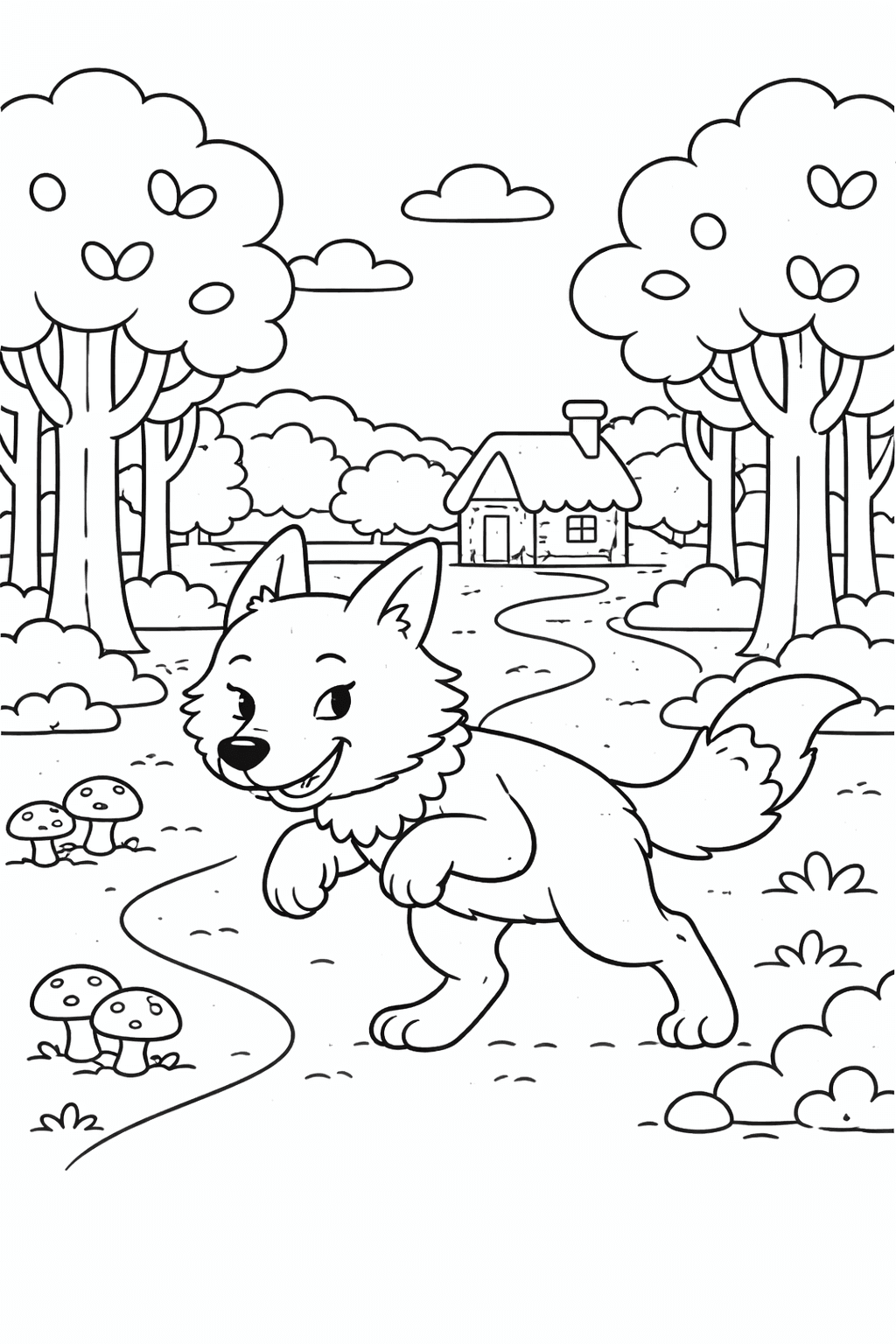 Schlauer Wolf auf geheimem Pfad - Ausmalbild