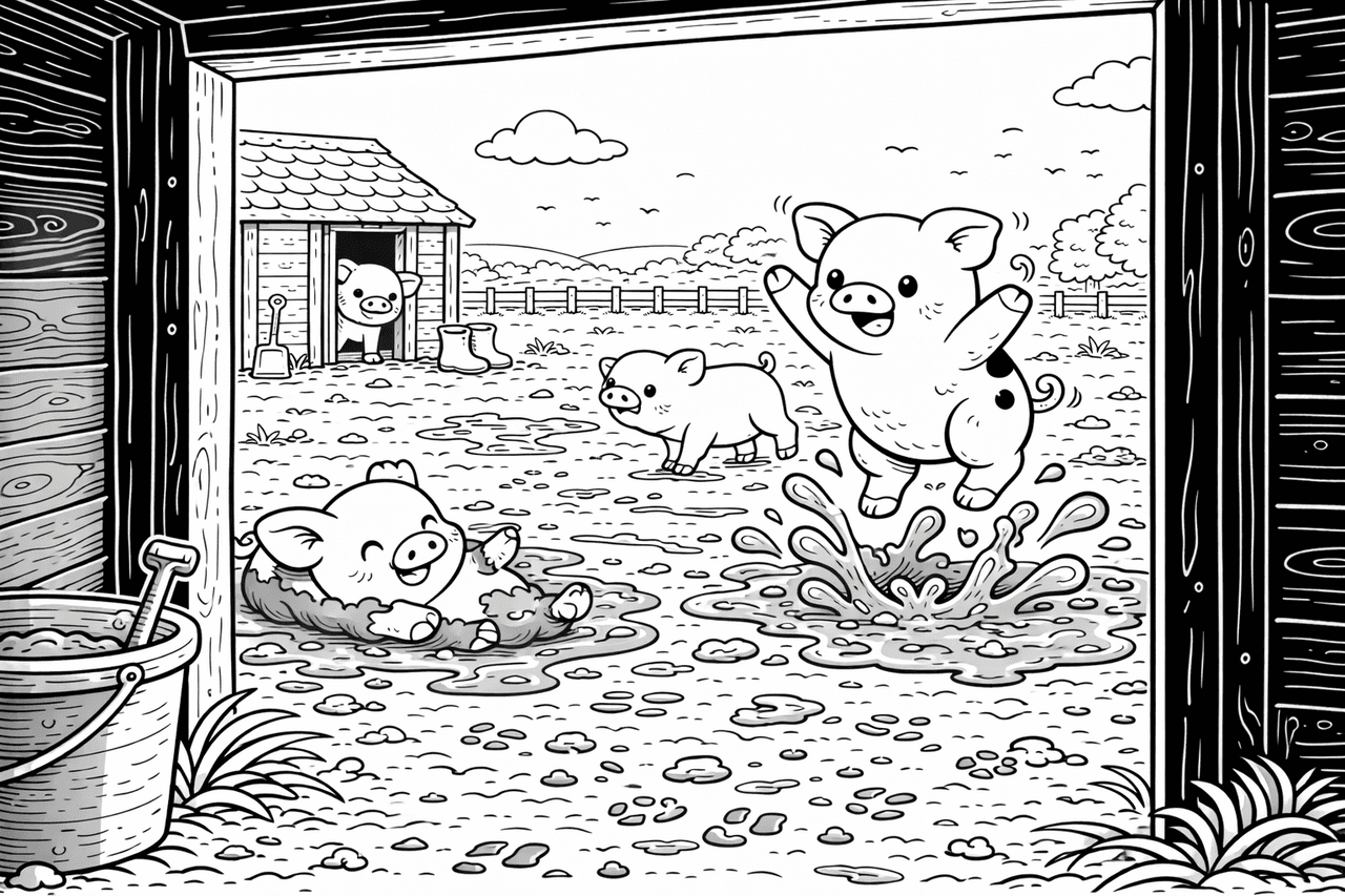 Schweine im Matsch - Ausmalbild