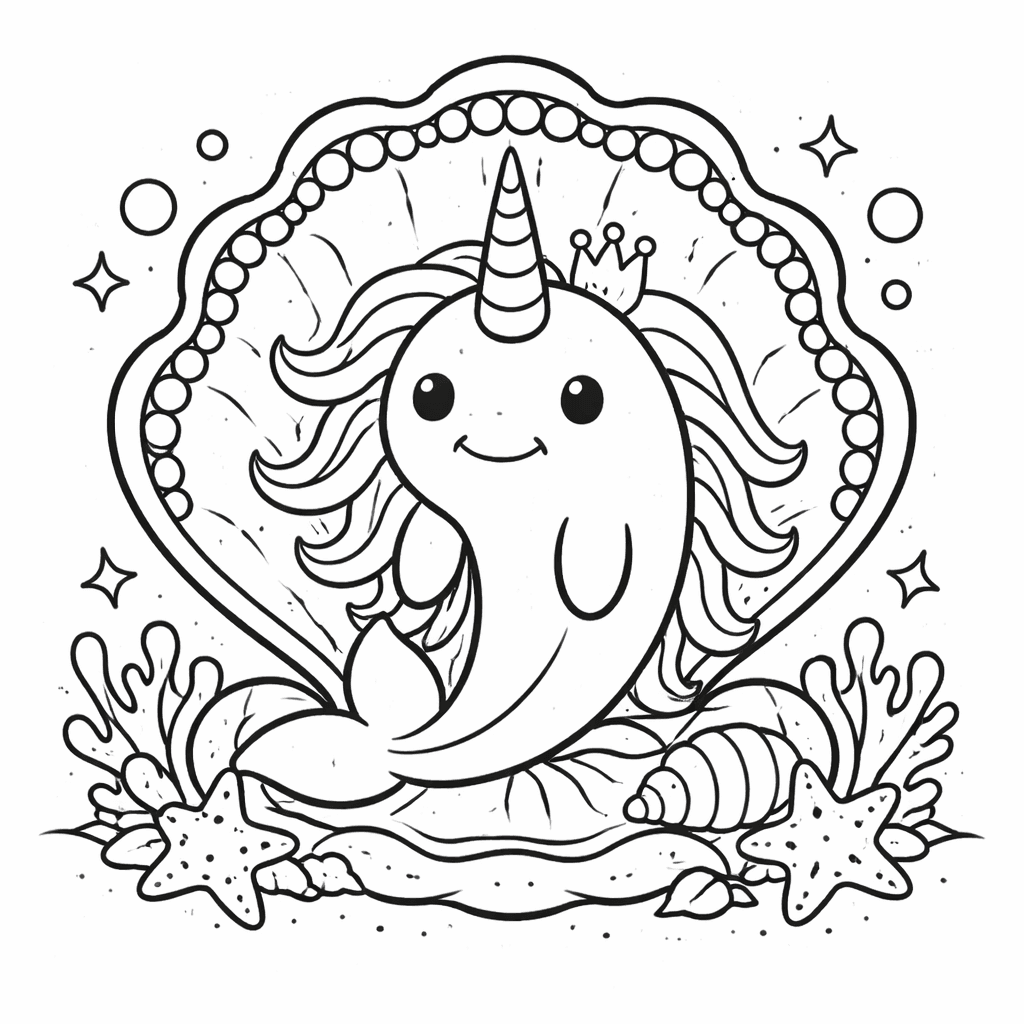 SeeungehöRnchen Im Muschelrahmen - Ausmalbild