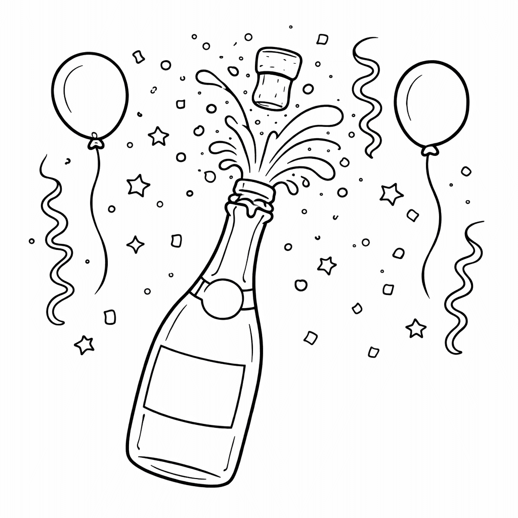 Sektflasche mit Konfetti - Ausmalbild