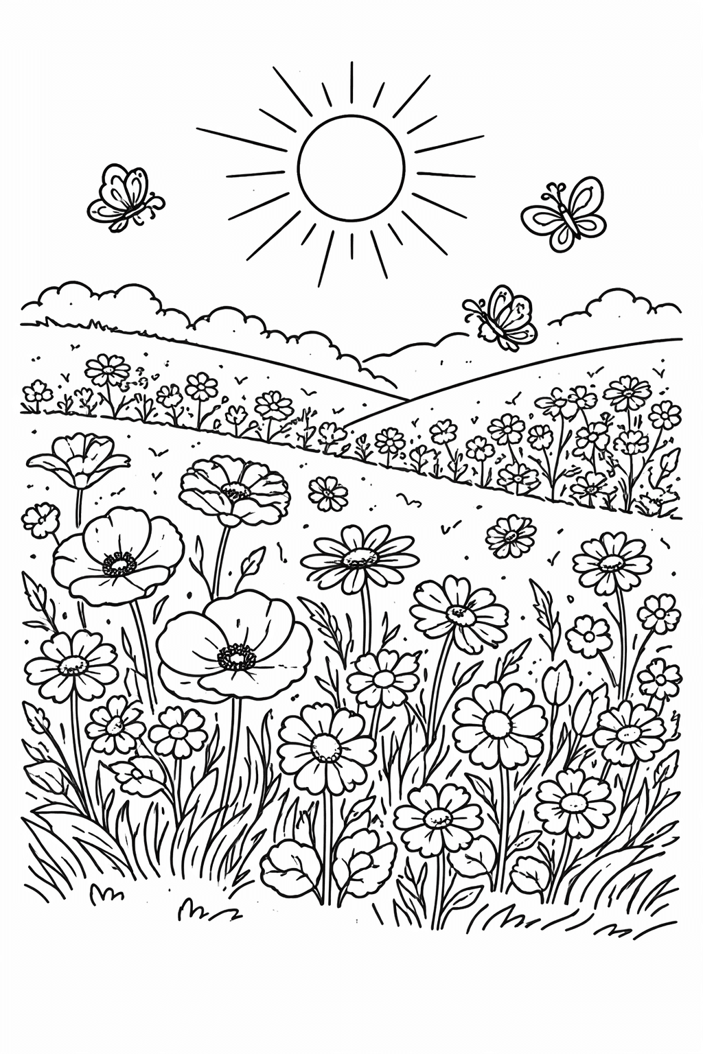 Sonnenblumenwiese - Ausmalbild