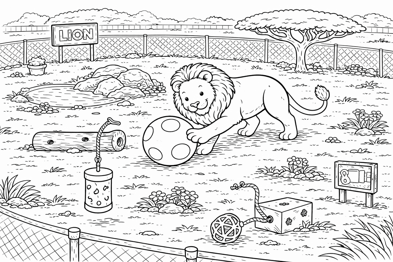 Spielender Löwe im Gehege - Ausmalbild