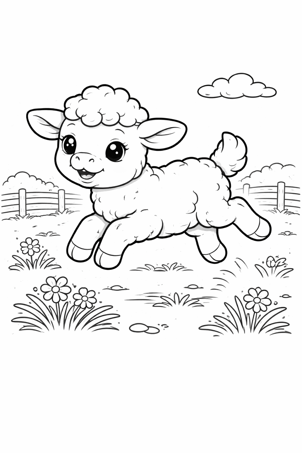 Hüpfendes Lamm in Wiese - Ausmalbild