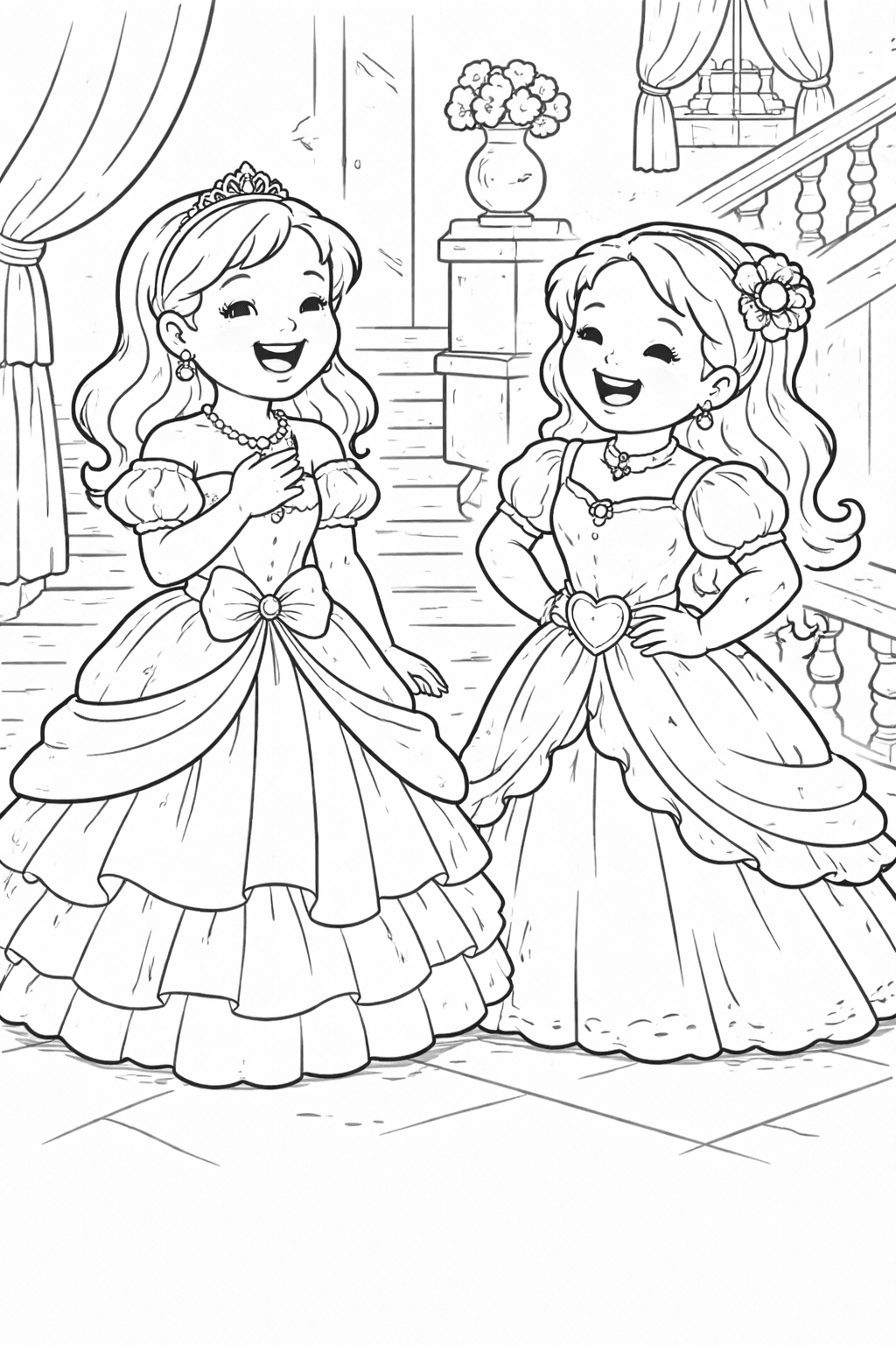 Stolze Stieftöchter im eleganten Interieur - Ausmalbild