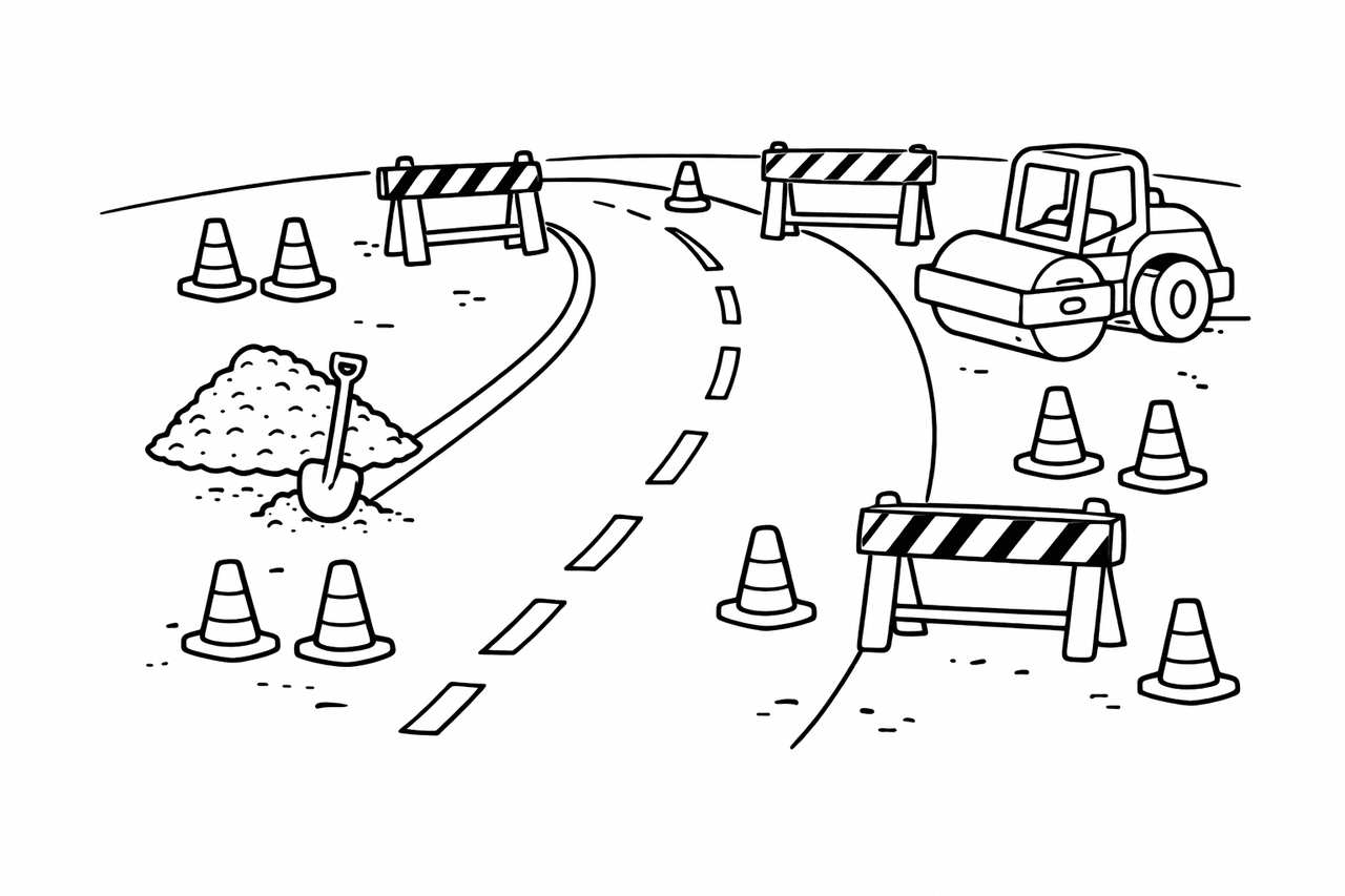 Straßenbau in voller Aktion - Ausmalbild