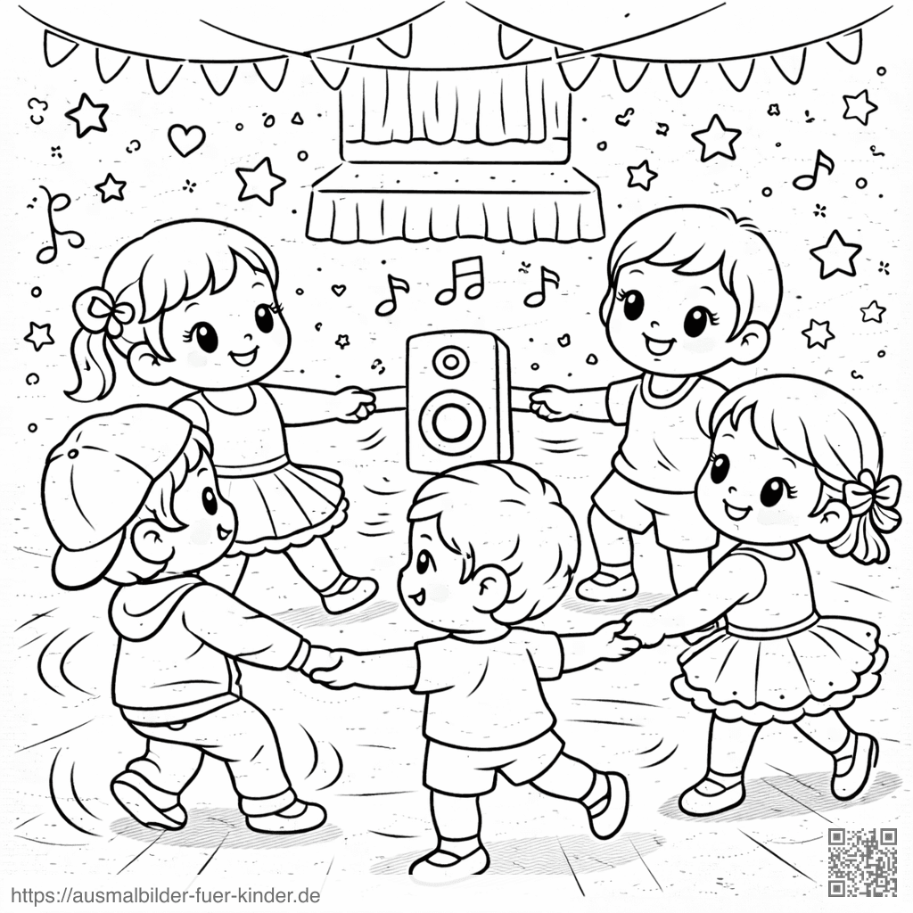 Kinder tanzen im Kreis mit Musik - Ausmalbild