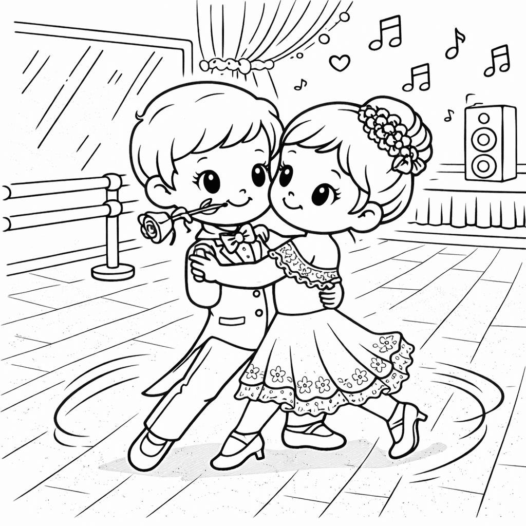 Tanzende Kinder im eleganten Studio - Ausmalbild