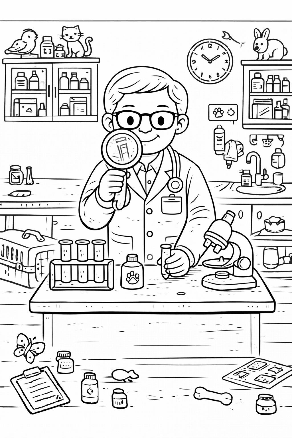Tierarzt im Labor bei Untersuchungen - Ausmalbild