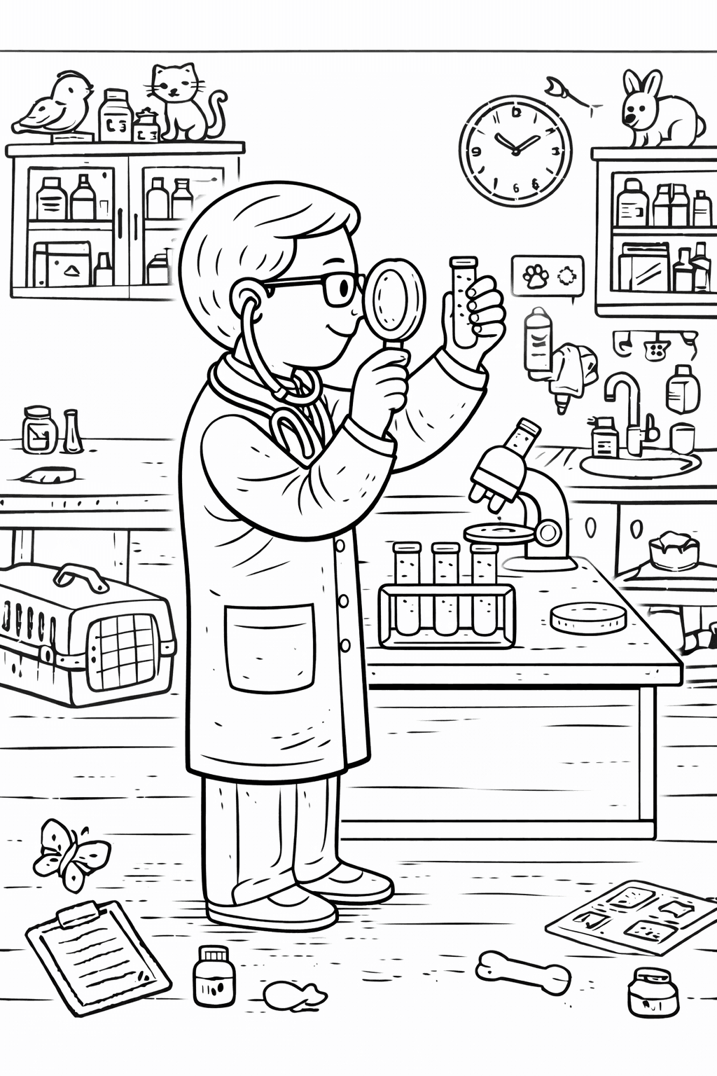 Tierarzt im Labor mit Testtube - Ausmalbild