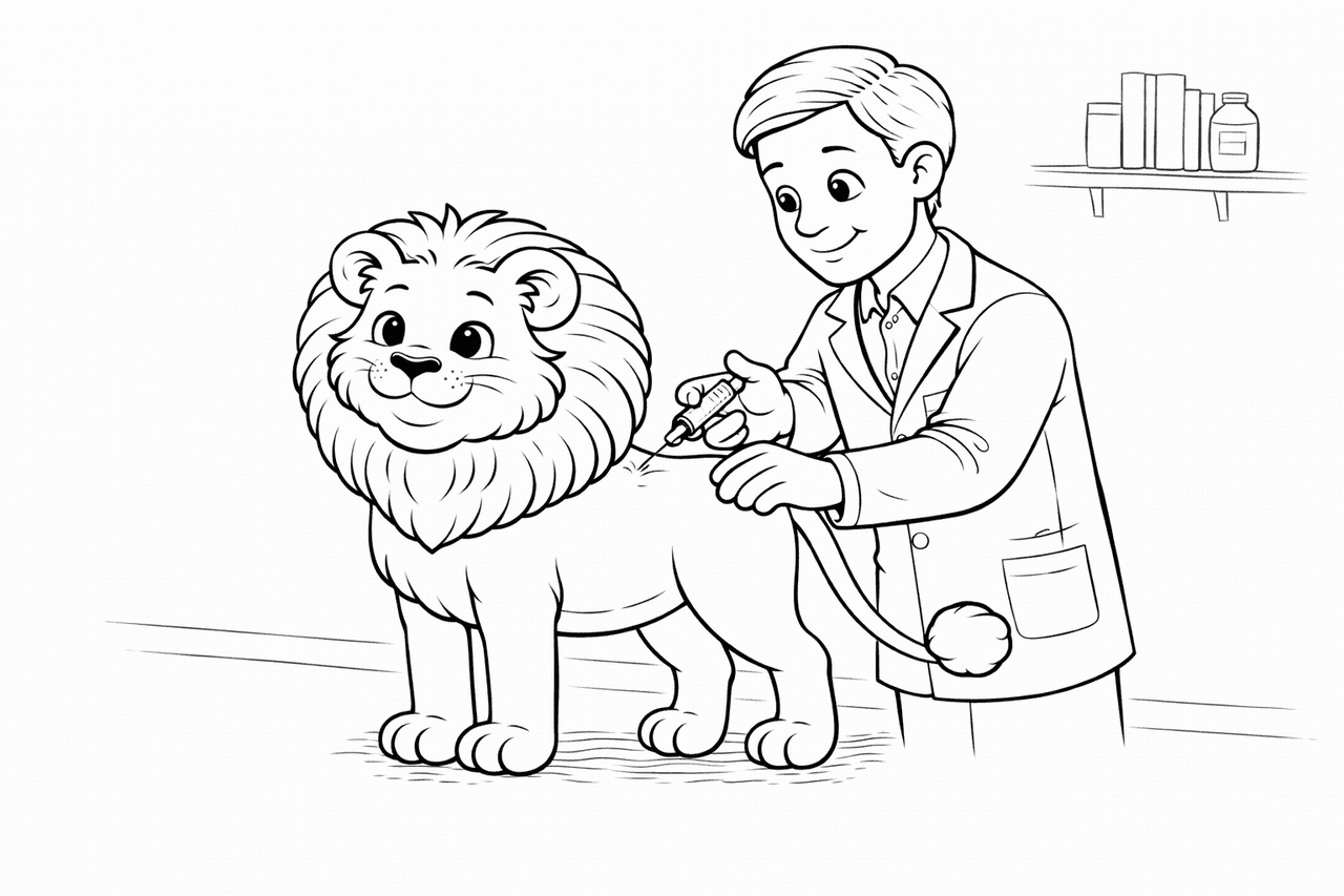 Tierarzt impft Löwe im Cartoon-Stil - Ausmalbild