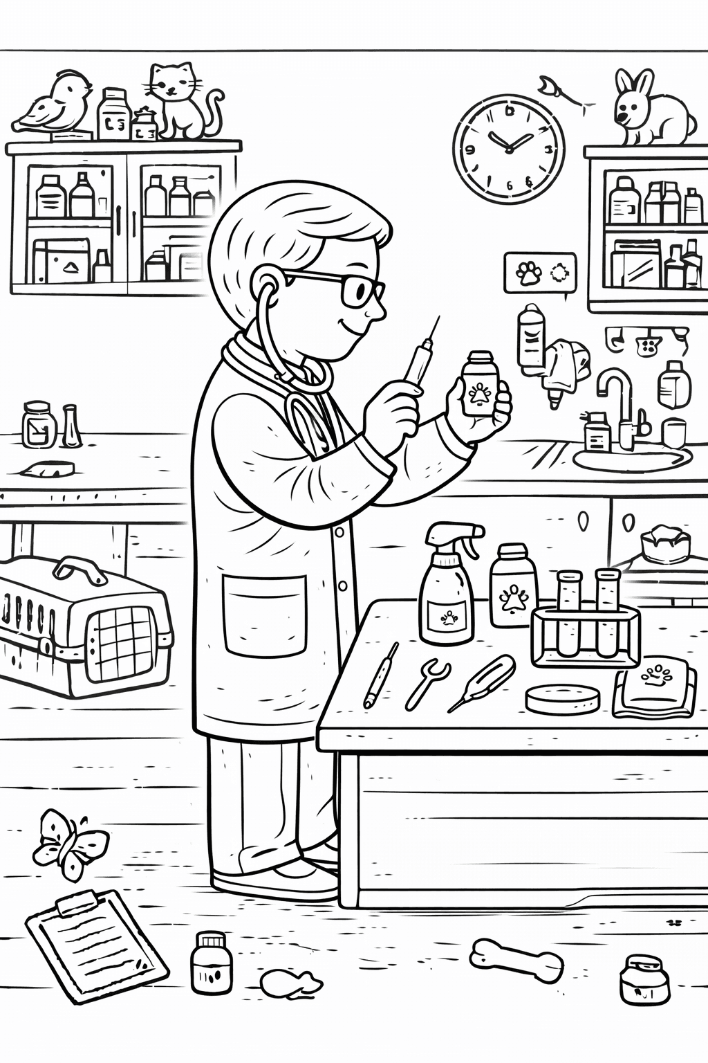 Tierarzt in Klinik bei Vorbereitungen - Ausmalbild
