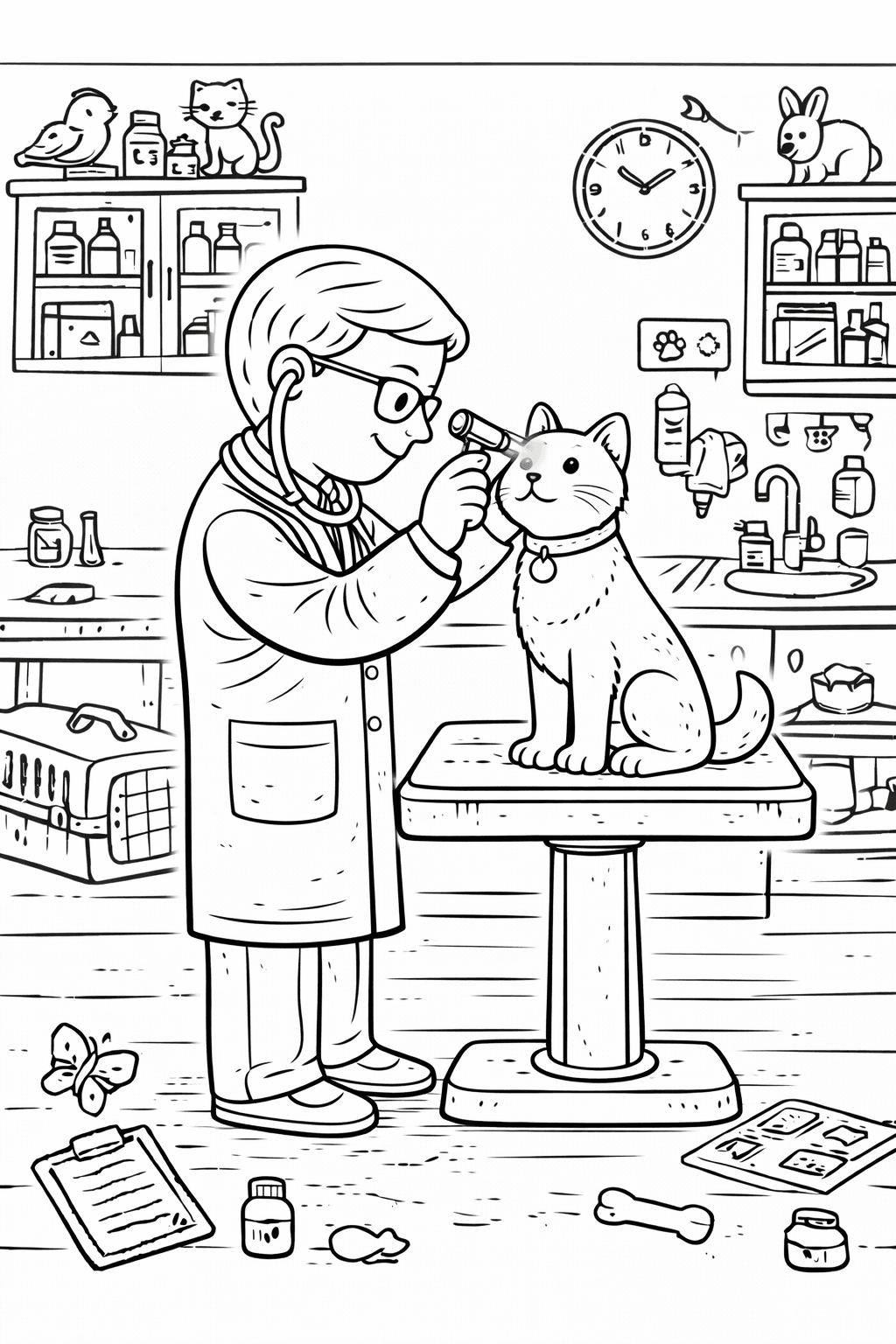 Tierarzt untersucht Katze mit Otoskop - Ausmalbild