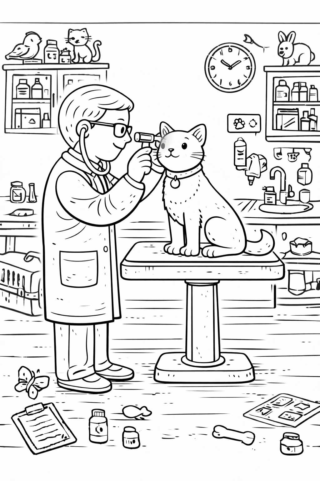 Tierarzt untersucht Katzens Auge - Ausmalbild