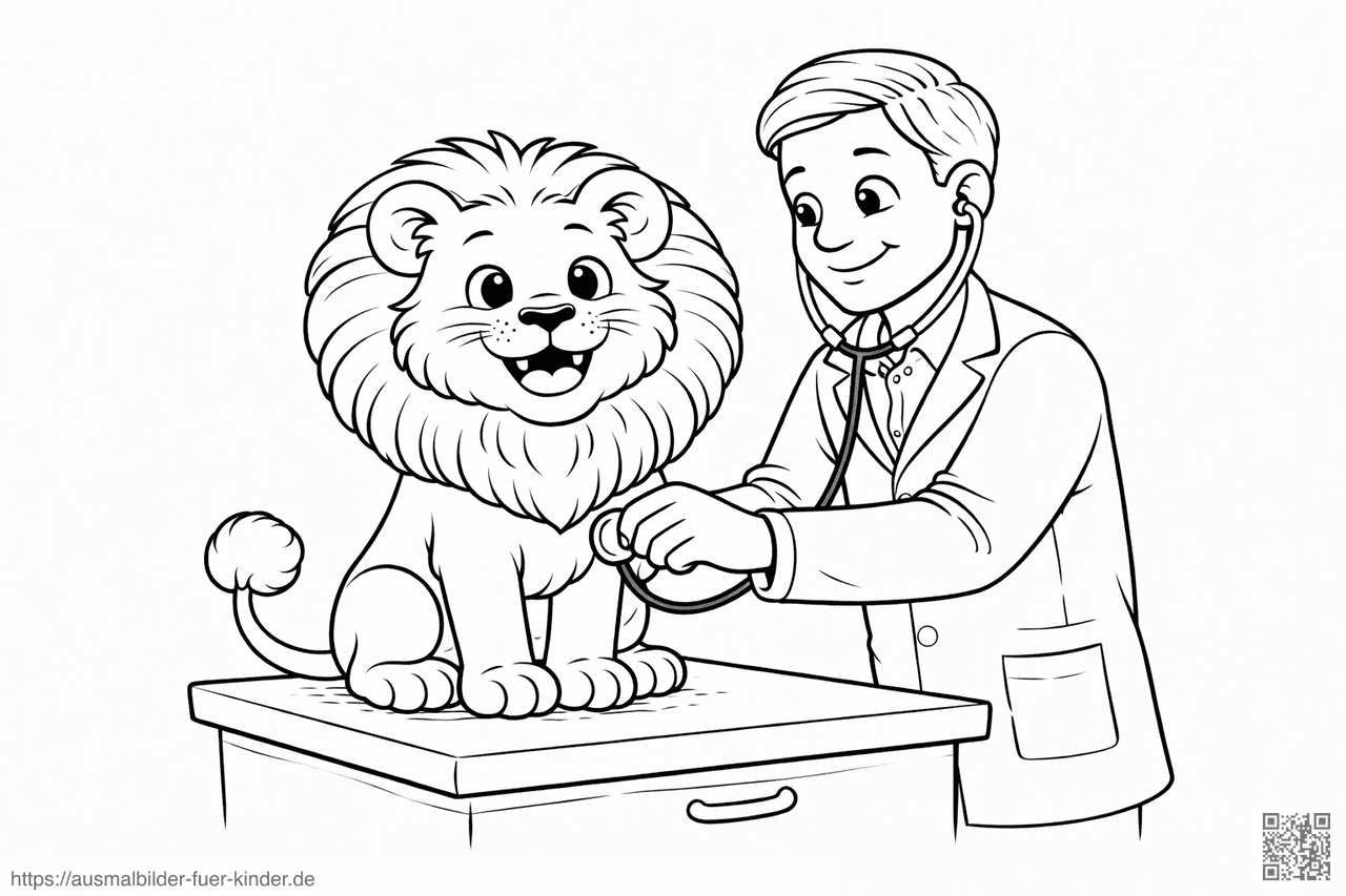 Tierarzt untersucht fröhlichen Löwen - Ausmalbild