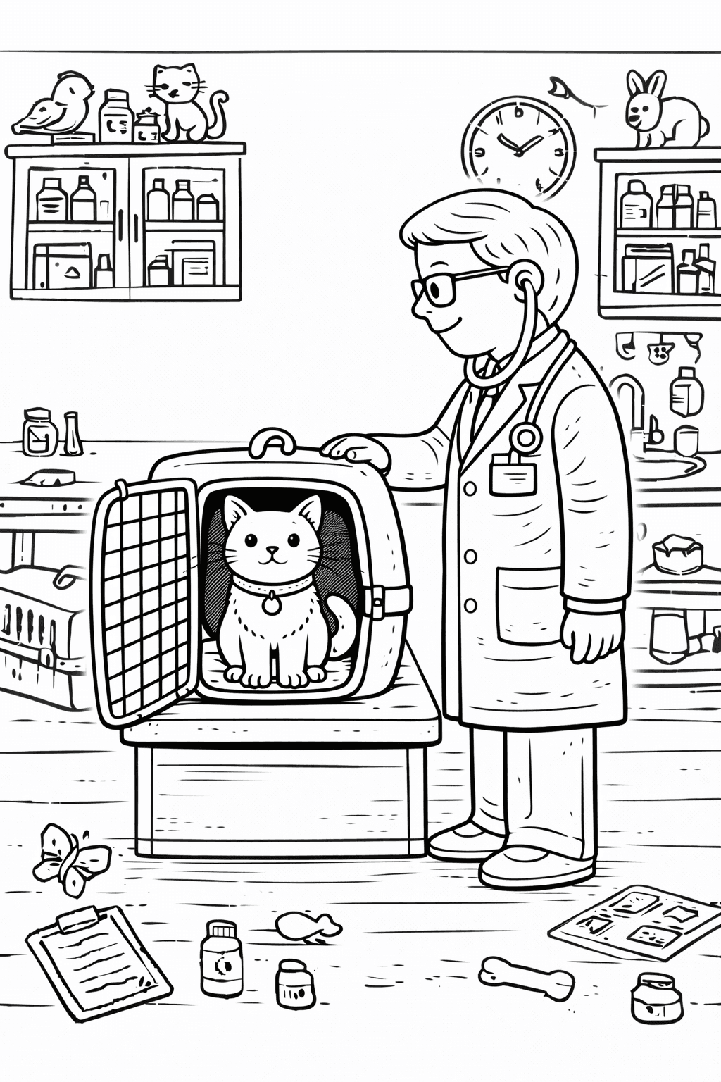 Tierarztbesuch mit glücklicher Katze - Ausmalbild