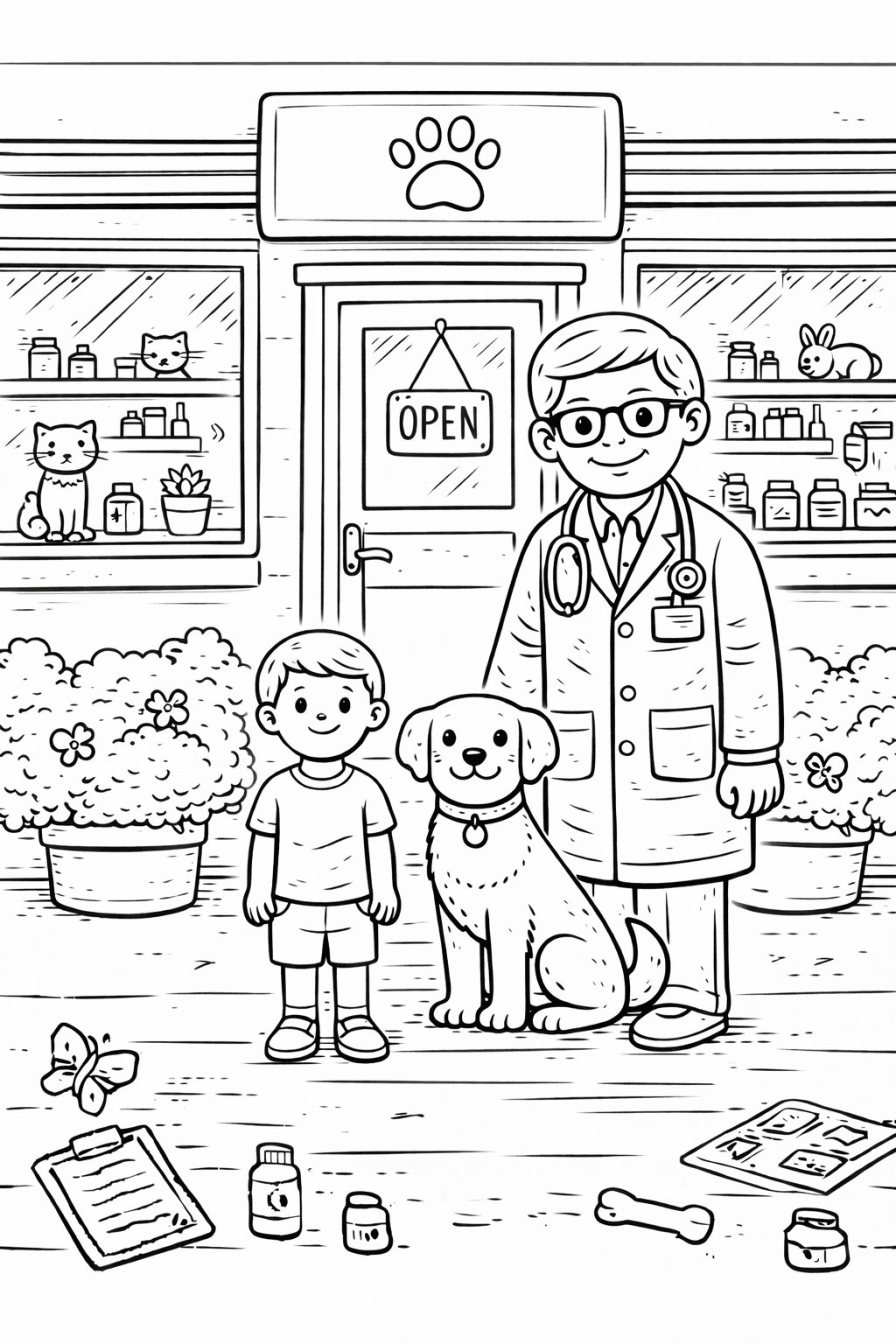 Tierarztpraxis vor der Tür - Ausmalbild