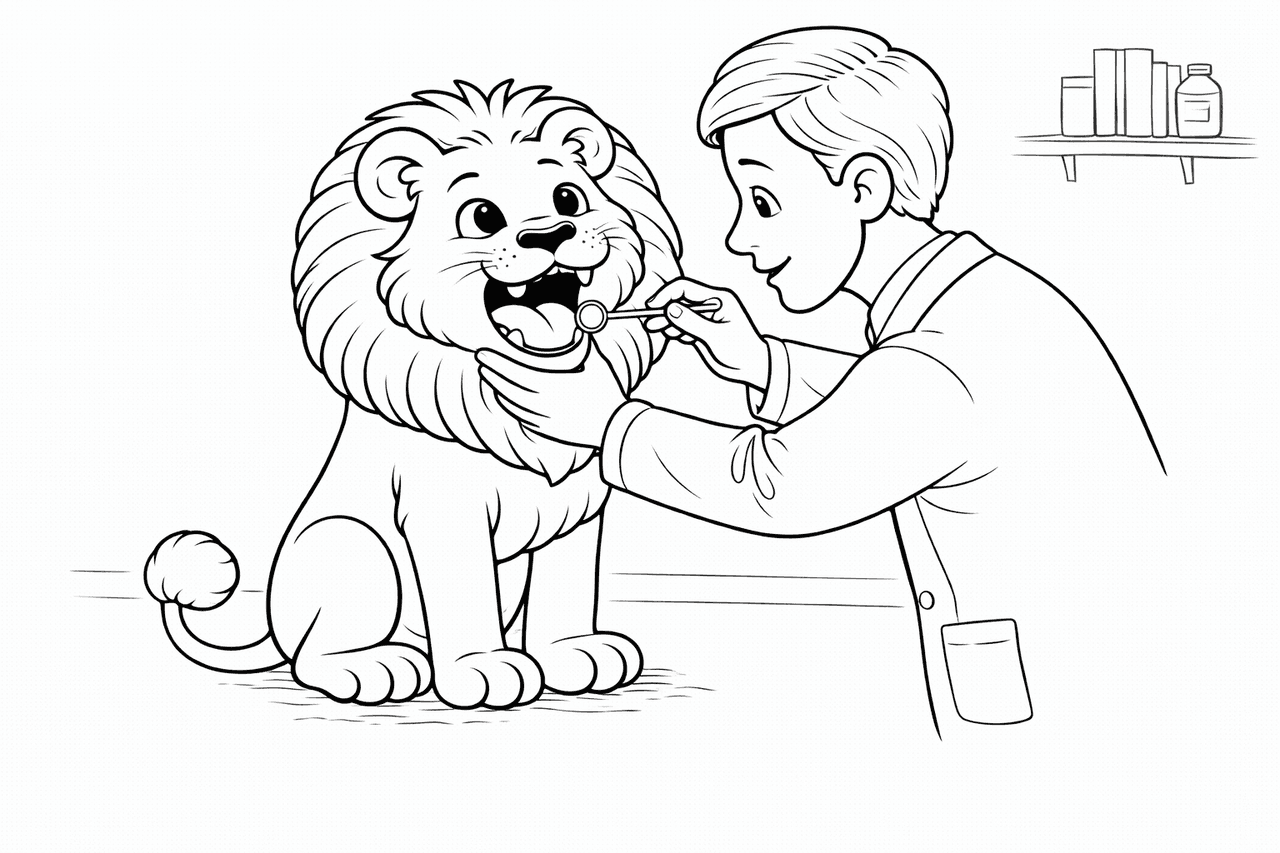 Tierarztuntersuchung bei einem Löwen - Ausmalbild