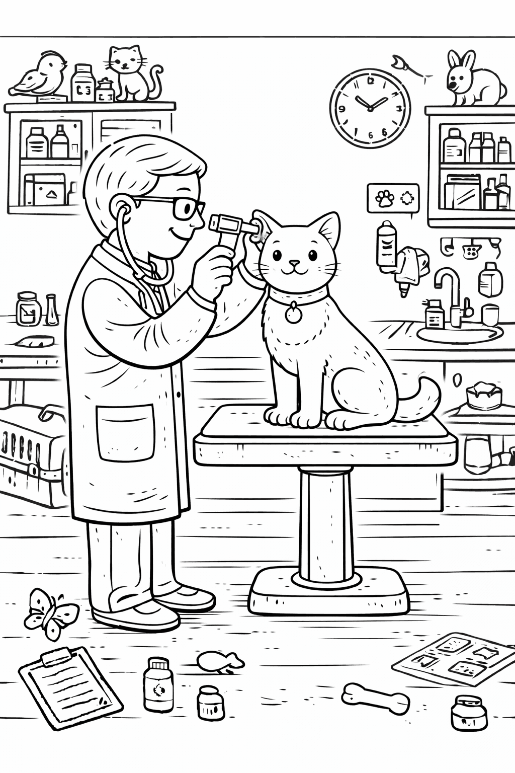 Tierarztuntersuchung einer Katze im Klinikraum - Ausmalbild